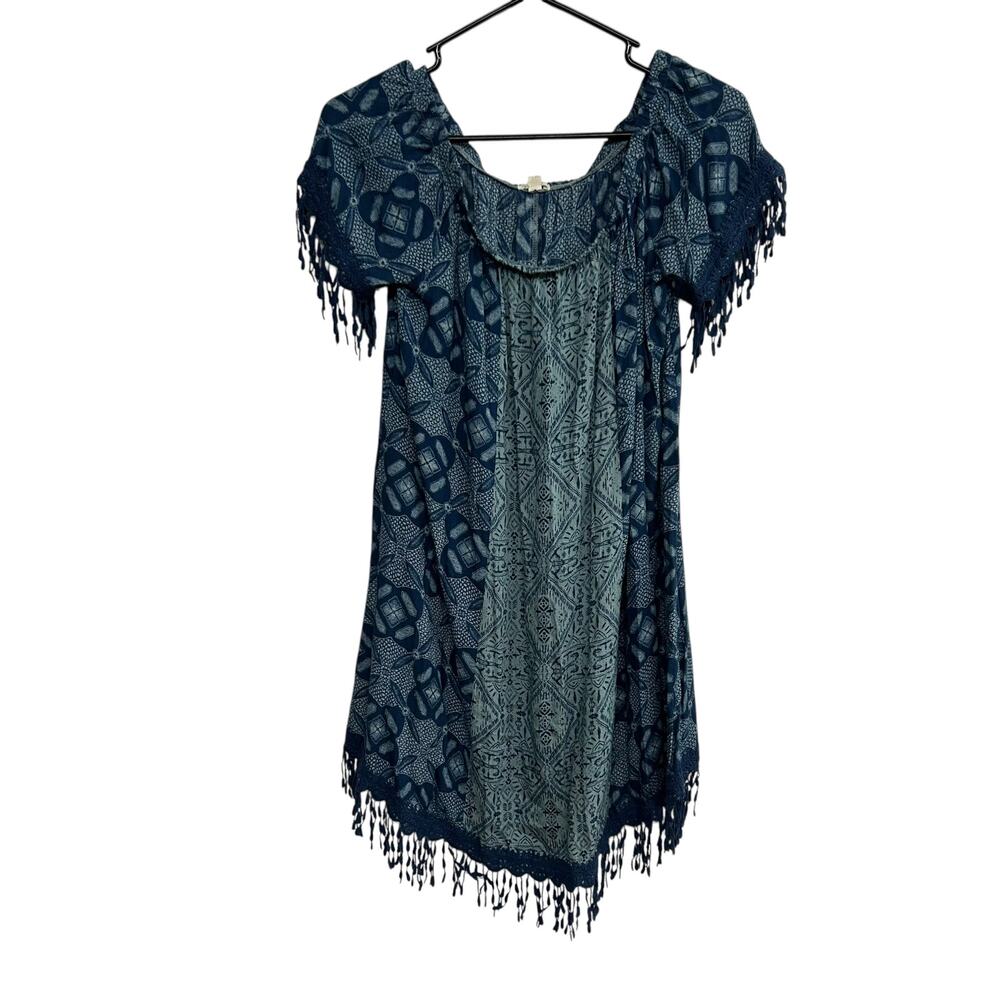 Mason &‎ Belle Blue Fringe Hem Dress M Boho Geometric Indie Festival Artsy